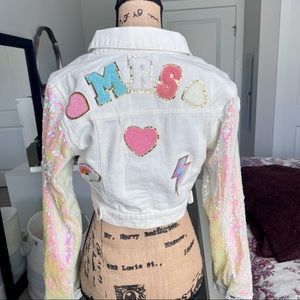 Wild Honey White Sequin Sleeve Jean Jacket with Pastel Patches